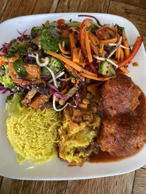 Mixed plate with rice - choose the vegan options   at The Cardamom Pod in Mullumbimby