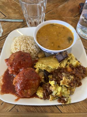 Medium plate - brown rice, dahl, koftas and lentil moussaka   at The Cardamom Pod in Mullumbimby