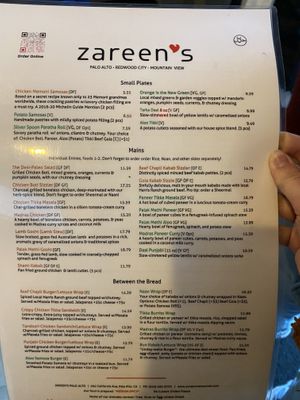 Menu  at Zareen's in Mountain View