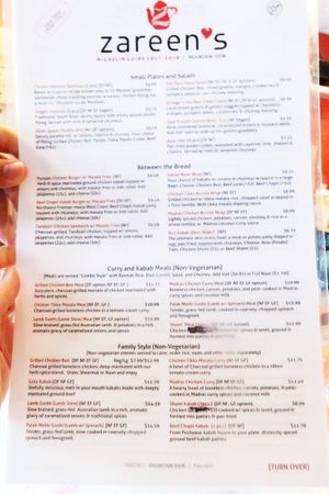 Menu at Zareen's in Mountain View