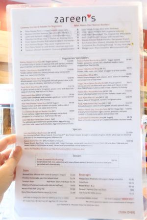 Menu at Zareen's in Mountain View