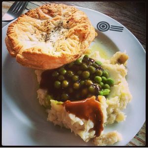 pie with mash, peas, and gravy.  at Funky Pies in Bondi Beach