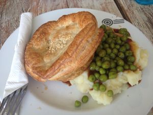Chic and cheeze pie with mash and peas  at Funky Pies in Bondi Beach