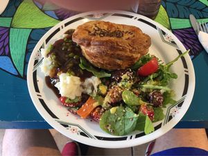 Chunky pie, mash n gravy, and green salad at Funky Pies in Bondi Beach