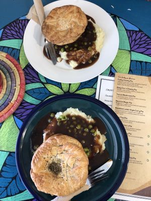 Bolognese pie and Eazy chick’n cheezy pie with mash, peas and gravy  at Funky Pies in Bondi Beach