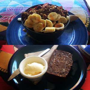 Purple Açai Bowl and toasted banana bread  at Funky Pies in Bondi Beach