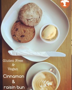 Gluten free and vegan cinnamon and raisin bun...yummy  at Baobab Cafe in Loughborough