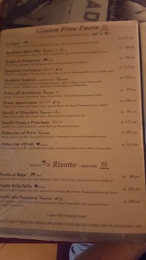 Menu  at Bella Italia in Kuta