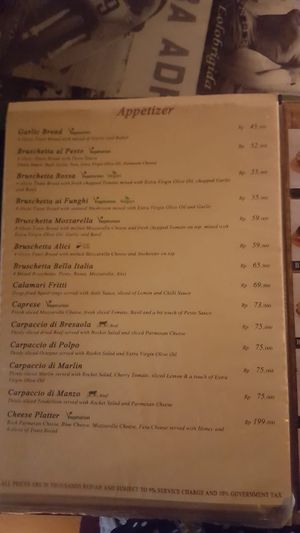 Menu  at Bella Italia in Kuta