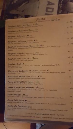 Menu  at Bella Italia in Kuta