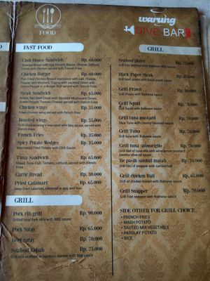 Menu at Dive Bar in Gerokgak