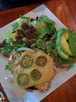 Real Food Burger with house salad with all the toppings (19$) at Real Food Daily in West Hollywood