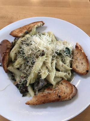 Fettuccine Alfredo with added vegan bacon (gluten free)!   at Real Food Daily in West Hollywood