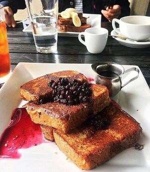 Vegan French toast with blueberry compote is the perfect brunch at Real Food Daily in West Hollywood