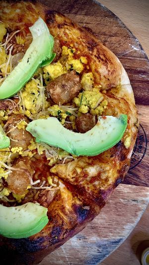 Breakfast pizza yes or have tater tots on that!   at Real Food Daily in West Hollywood