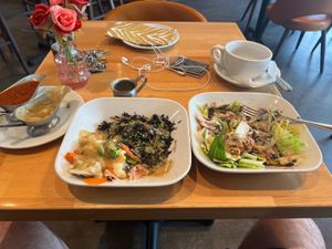 RFD Burrito bowl with Jackfruit and Basic 2 with Sea Vegetables and veggies 🥦 of the day with HOUSE (Tahini) and Gravy!  at Real Food Daily in West Hollywood