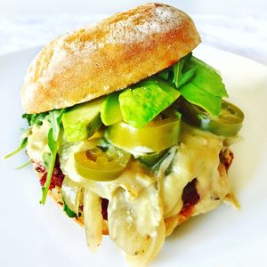 the Real Burger with Avocado Tempeh Bacon  at Real Food Daily in West Hollywood