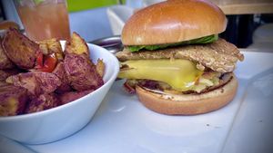 Tofu patty, chipotle aioli, tomato, avocado, tempeh bacon, hashbrowns, smoked gouda cheese, brioche bun.
Comes with house potatoes.  at Real Food Daily in West Hollywood