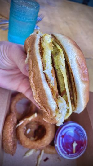 The breakfast sandwich with onion rings  at Real Food Daily in West Hollywood
