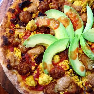 Vegan Breakfast Pizza with Avocado  at Real Food Daily in West Hollywood