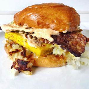 Vegan Breakfast Sandwich with Avocado & Bacon at Real Food Daily in West Hollywood