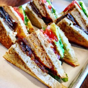 Vegan Club with Breaded Seitan  at Real Food Daily in West Hollywood