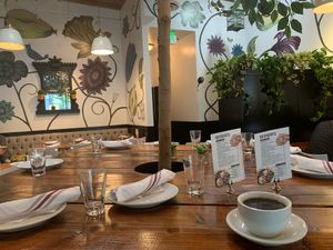 Dining room and house coffee at Real Food Daily in West Hollywood