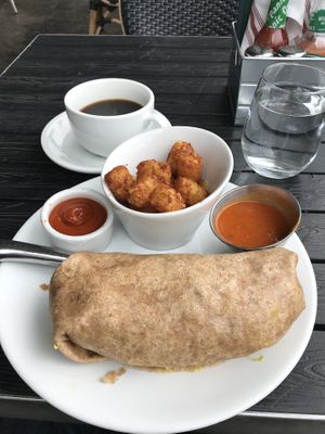Breakfast burrito, tots and a really nice Americano at Real Food Daily in West Hollywood