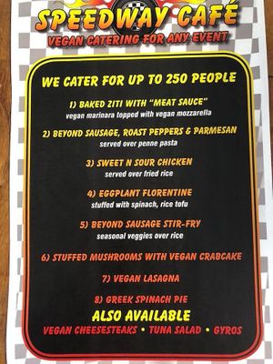 Vegan catering menu at Speedway Cafe in Dover