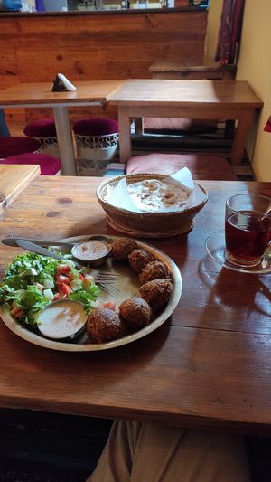 Vegan falafel and black tea at OR2K in Kathmandu