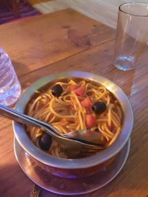 Spaghetti with tomato sauce at OR2K in Kathmandu