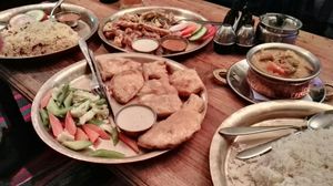 Fried eggplant, mixed fried veggies and vegetable curry at OR2K in Kathmandu