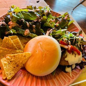 Gluten-free rice flour buns vegan soy burger at Orange County Cafe in Tondabayashi