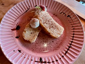 Organic rice flour banana cake with coconut gelato at Orange County Cafe in Tondabayashi