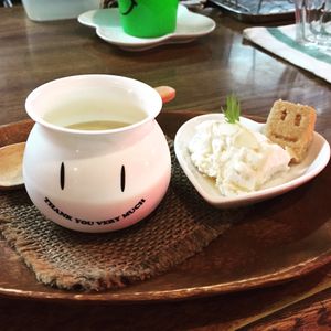 Vegan organic soy milk and rice flour pudding！with Soymilk cream and rice flour cookies! at Orange County Cafe in Tondabayashi