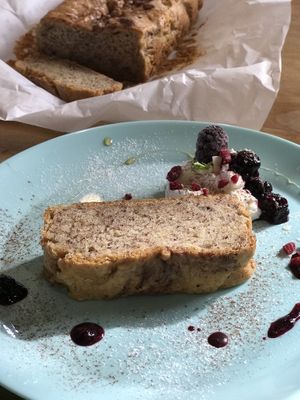 Gluten-free Vegan banana cake！
Made from rice flour, organic soy milk and organic banana.yum! at Orange County Cafe in Tondabayashi