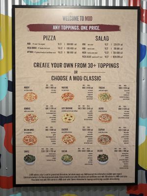 General menu, shows ideas or you can Build Your Own. Option for vegan cheese! ASK FOR IT, they keep it refrigerated under the prep counter! at MOD Pizza - Alliance in Fort Worth