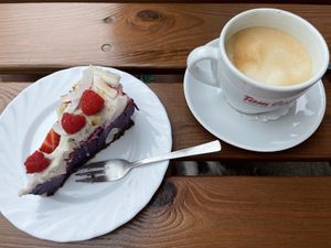 berry cake and oat milk cappuccino  at Portowa28 in Kolobrzeg