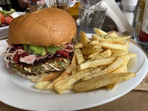 Vegan courgette and beetroot burger   at Picnic in Kefalonia
