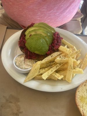 Vegan burger with beetroot slaw & avocado   at Picnic in Kefalonia