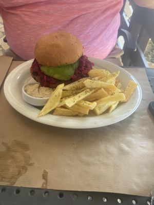 Homemade chips with the burger   at Picnic in Kefalonia