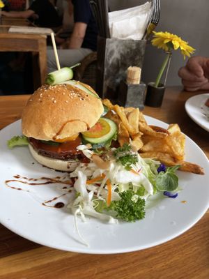 Jackfruit burger 🍔 fries and salad   at Chill Cafe in Ella