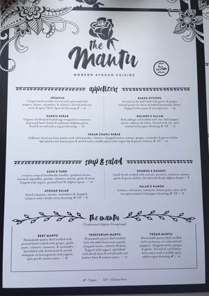 Front of menu at Mantu in Richmond