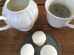 Macarons and coffee with soymilk at Nimb Gemyse in Copenhagen