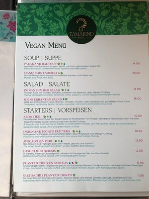 Vegan Menu Karte at Tamarind Hill in Zurich