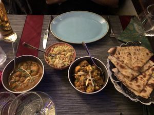 Ahoo gobhi, pilaw rice, another curry w asafetida, and missi roti at Tamarind Hill in Zurich