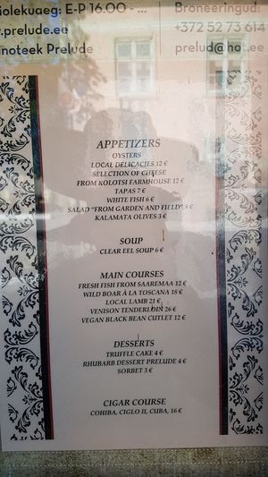 Whole menu at Prelude in Kuressaare