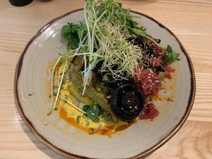 Savoury waffles.. good flavours, waffles a bit tough! at Buster Green in Dunedin