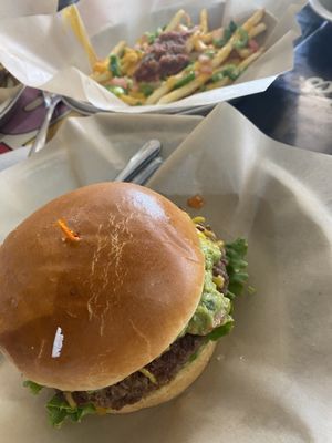 Guac burger and vegan cheese fries  at S&B's Burger Joint in Oklahoma City