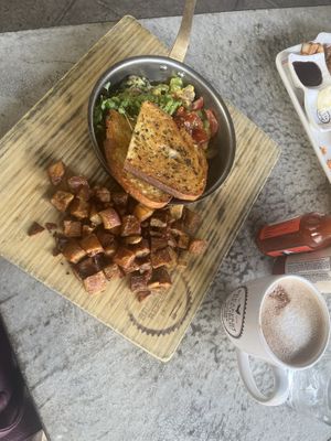 Veggie & pesto fritata with Oreo latte   at Breakfast Republic in Irvine